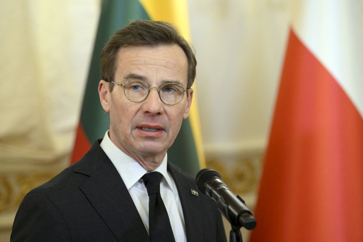 Prime Minister of Sweden Ulf Kristersson gives a statement as he arrives ahead of the summit of the Baltic Sea NATO countries at the Presidential Palace in Helsinki, Finland, on January 14, 2025. (Photo by Vesa Moilanen / Lehtikuva / AFP) / Finland OUT
