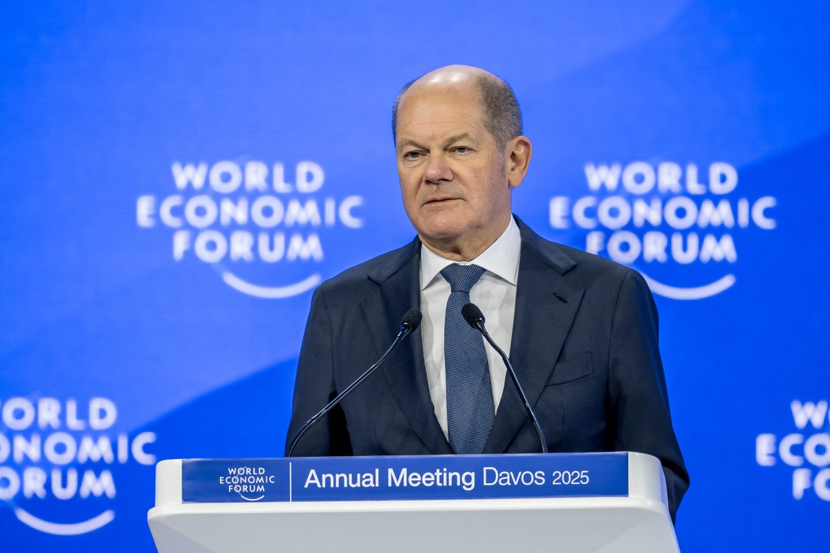 German Chancellor Olaf Scholz delivers a speech during the World Economic Forum (WEF) annual meeting in Davos on January 21, 2025. (Photo by FABRICE COFFRINI / AFP)
