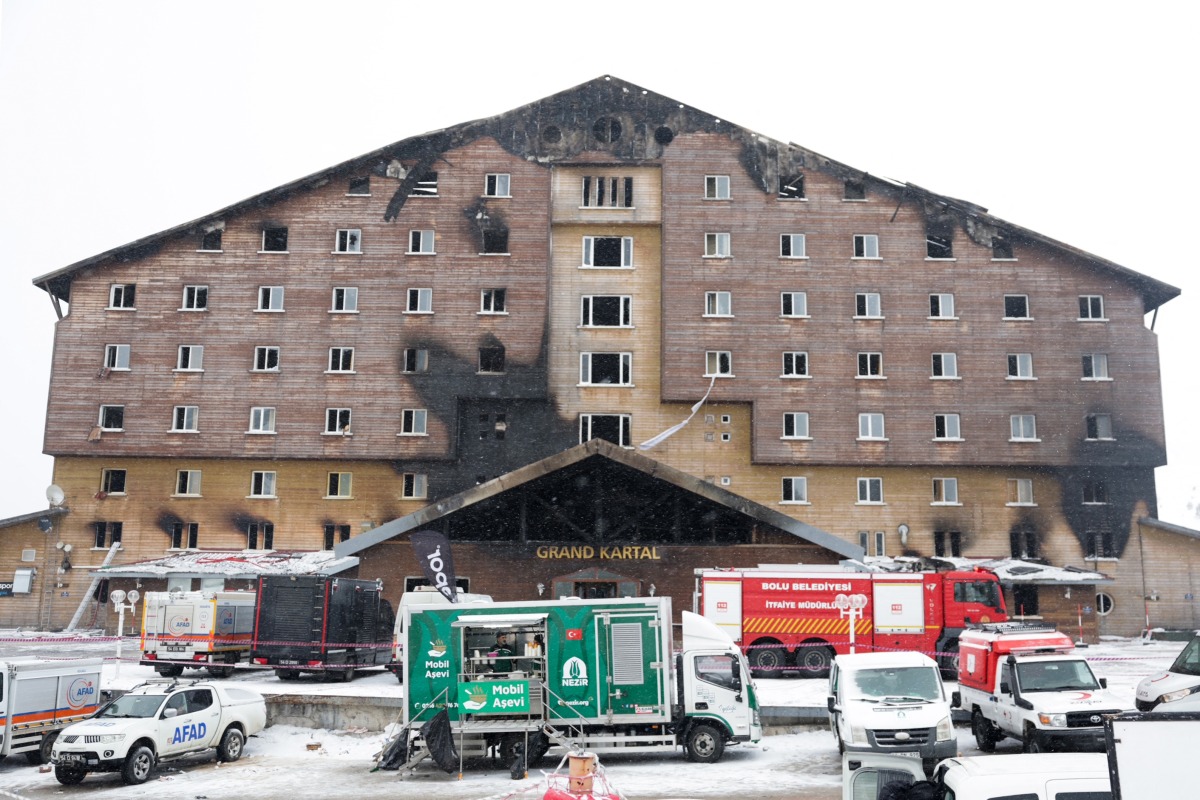 Firefighters and emergency teams work on the aftermath of a fire that broke out in a hotel in the Kartalkaya Ski Resort in Bolu, on January 22, 2025. Photo by Adem ALTAN / AFP

