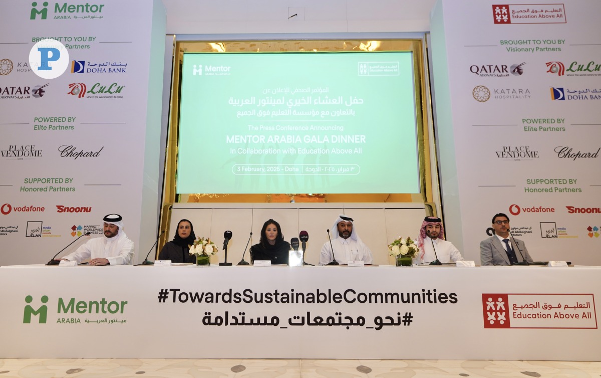 Abdulla Al Abdulla, (fourth left)  Executive Director of EAA’s Reach Out to All Programme; and Thuraya Ismail, (third left) CEO of Mentor Arabia with other officials during the press conference. Pic by Ahmed Barakat / The Peninsula
