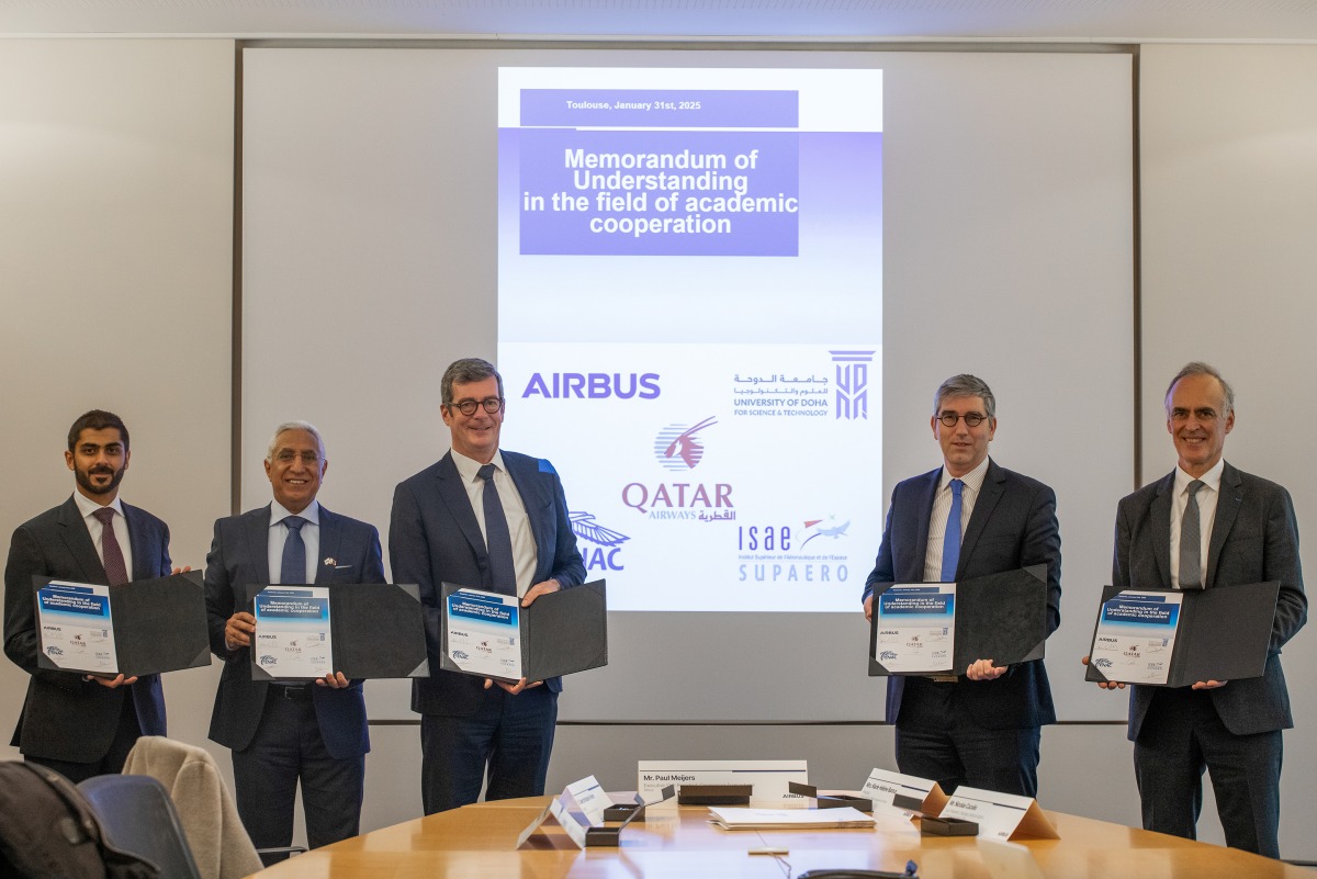 UDST President Dr. Salem Al Naemi (second left) with representatives of Airbus, ENAC, ISAE-SUPAERO and Qatar Airways at the MoU signing.