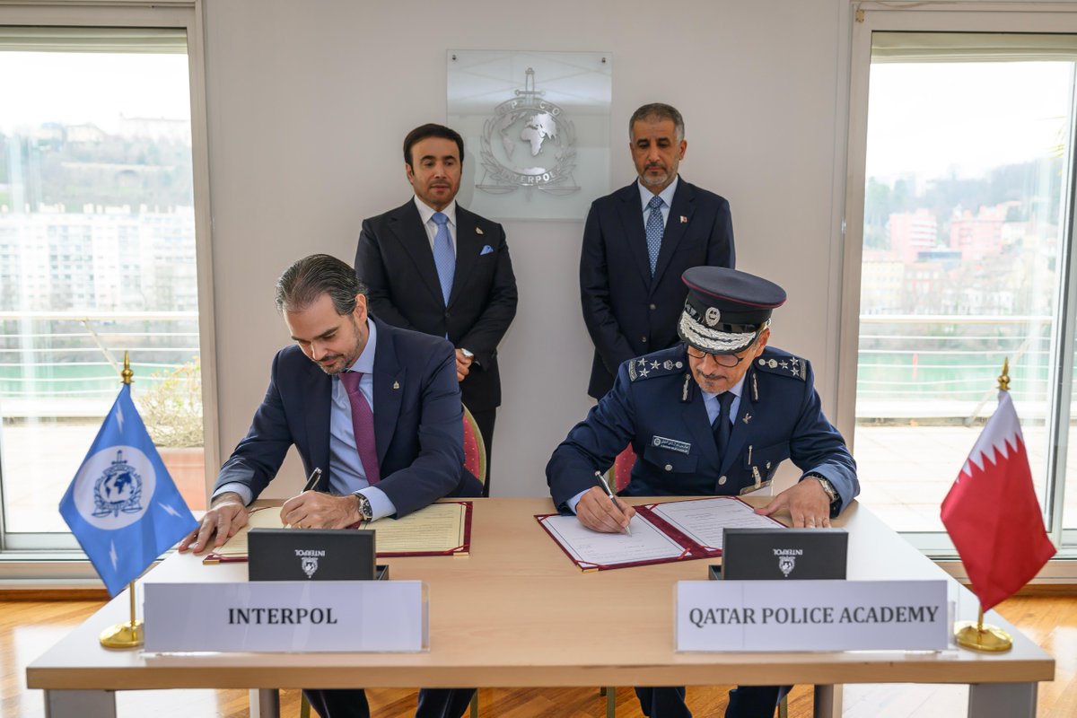 Minister of State for Interior Affairs H E Sheikh Abdulaziz bin Faisal bin Mohammed Al Thani and President of INTERPOL H E Major General Dr. Ahmed Naser Al Raisi witnessing the agreement signing. 