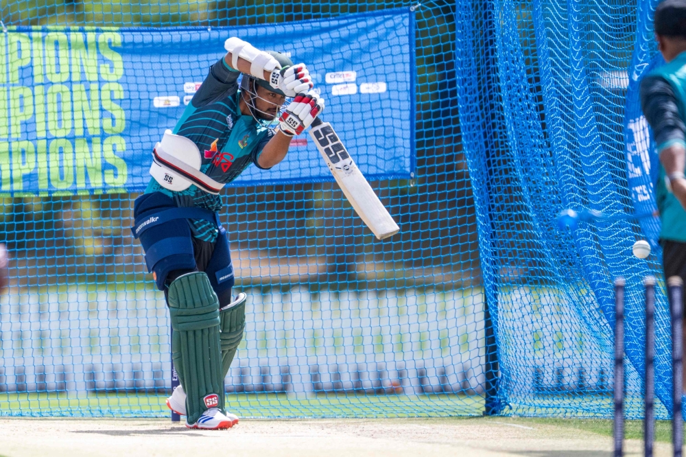Bangladesh's captain Najmul Hossain Shanto plays a shot during a practice session in Dubai on February 19, 2025, a day ahead of their ICC Champions Trophy cricket match against India. (Photo by Jewel Samad / AFP)
 