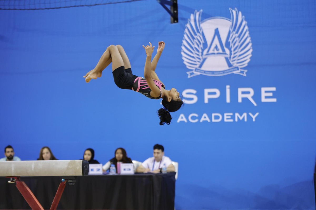 A gymnast in action yesterday.