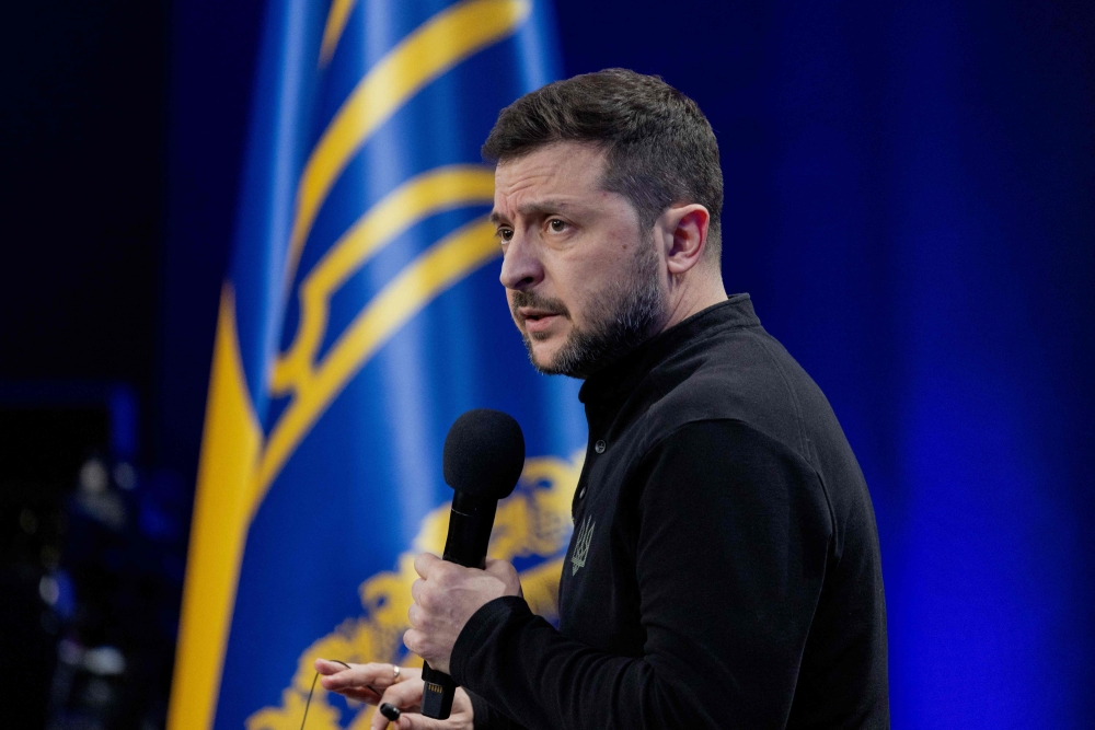Ukraine's President Volodymyr Zelensky speaks during a joint press conference on the sidelines of the 