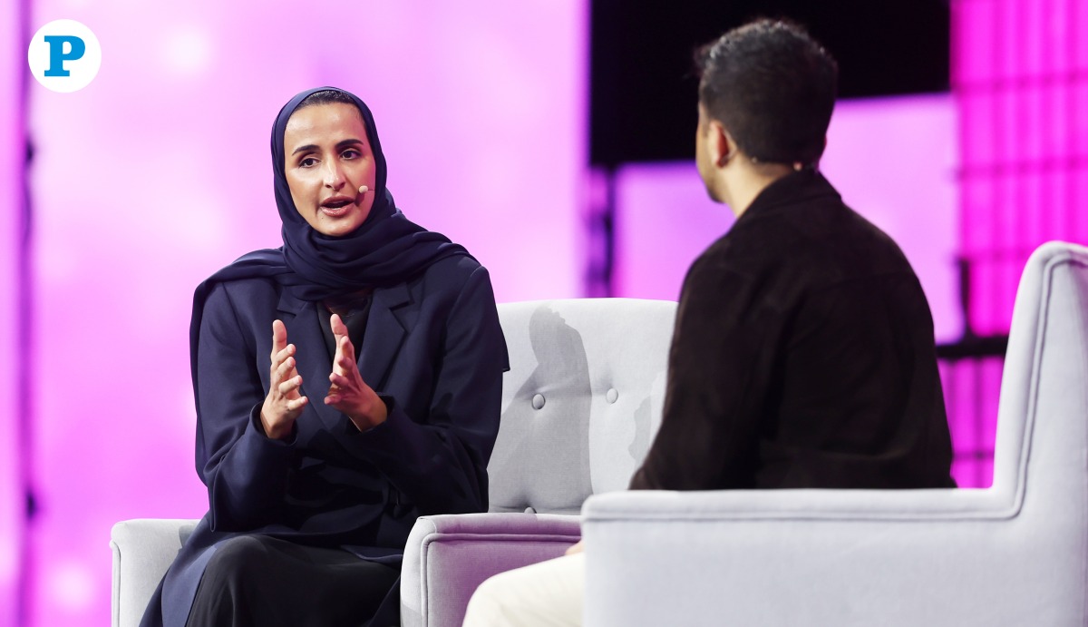 Vice Chairperson and CEO of Qatar Foundation H E Sheikha Hind bint Hamad Al Thani in conversation with journalist and video creator Uptin Saiidi at the Web Summit Qatar 2025. Photo by Rajan Vadakkemuriyil/The Peninsula