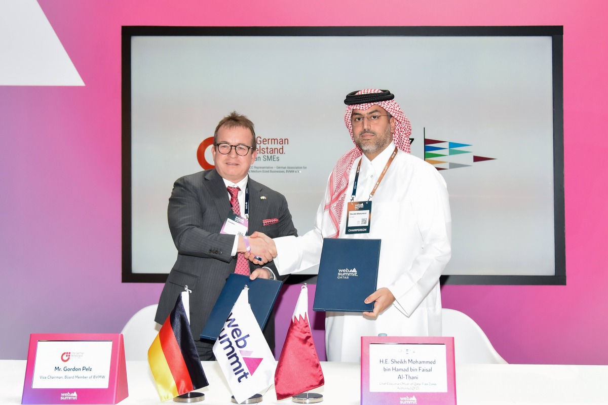 CEO of QFZ, Sheikh Mohammed bin Hamad bin Faisal Al Thani, and Vice Chairman and Board member at the German Mittelstand GCC Office, Gordon Pelz during the MoU signing.