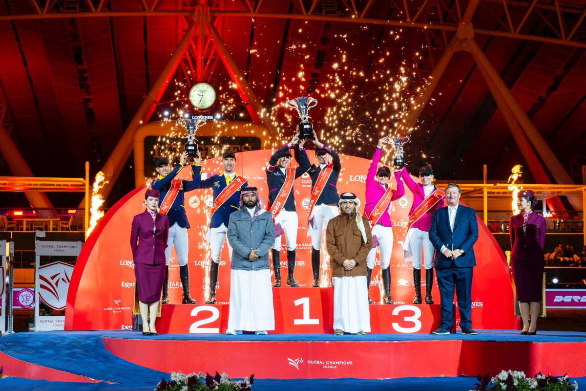 President of the Qatar Equestrian Federation and Vice-Chairman of the Organising Committee of the Championship Bader Al Darwish, Event Director Mohammed Jaber Al Khayarin and President of the Longines Global Champions Tour Jan Tops honoured the top three  finishing teams of the season-opening GCL of Doha.