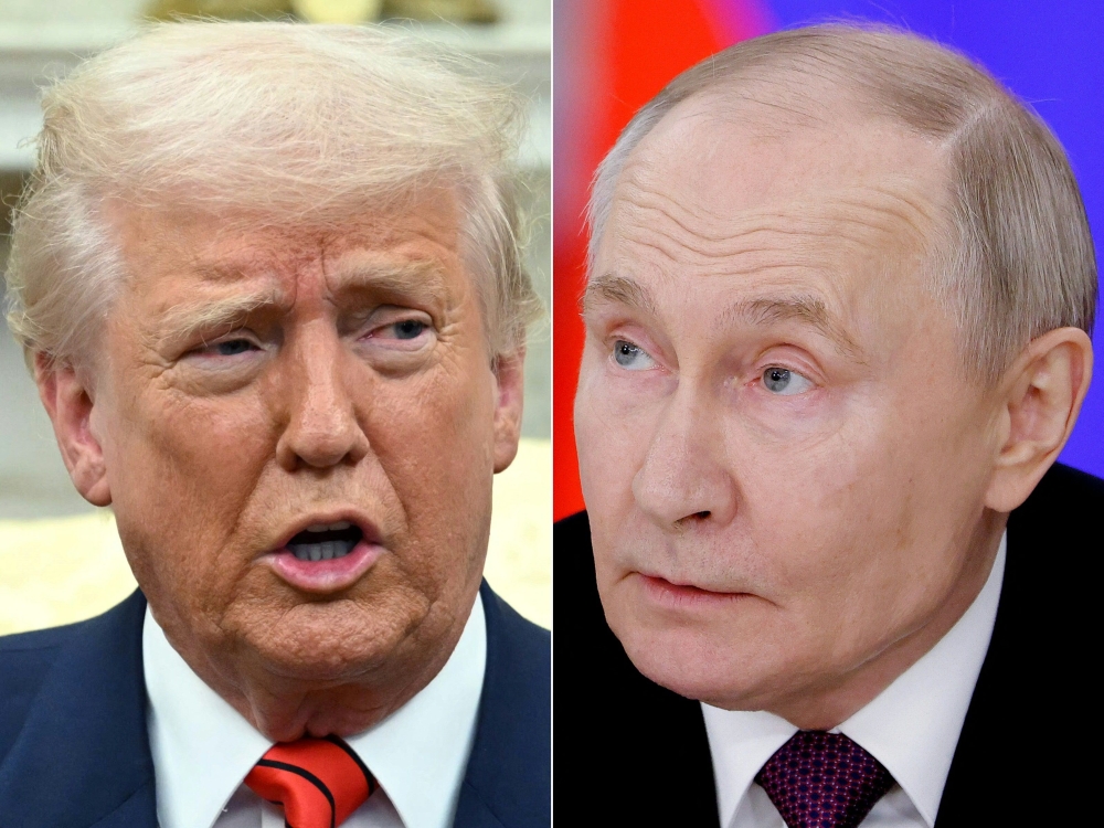 This combination of pictures created on March 17, 2025 shows US President Donald Trump in the Oval Office of the White House in Washington, DC, on March 13, 2025 and Russia's President Vladimir Putin at the Kremlin in Moscow on March 13, 2025. (Photos by Mandel Ngan and Maxim Shemetov / AFP)
