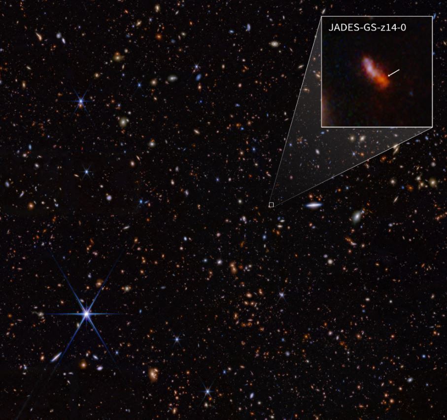 This handout image obtained on May 30, 2024 courtesy of NASA/ESA/CSA STScI shows an infrared image from NASA's James Webb Space Telescope (also called Webb or JWST) taken by the NIRCam (Near-Infrared Camera) for the JWST Advanced Deep Extragalactic Survey, or JADES, program. Photo by HANDOUT / ESA, NASA, CSA, STScI / AFP