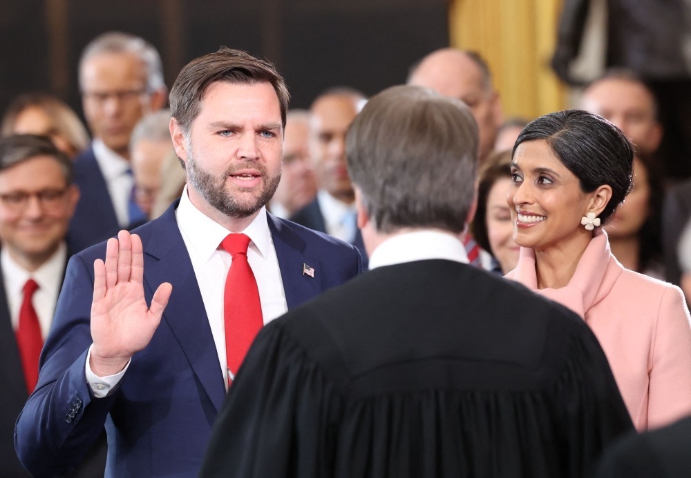 JD Vance with his wife Usha Vance during his swearing in ceremony. AFP File photo.