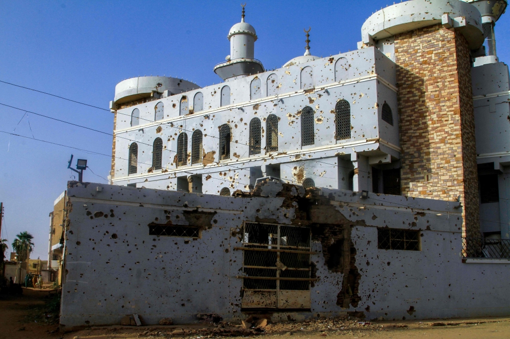 This picture shows a bullet-riddled mosque in Khartoum's twin-city Omdurman on March 20, 2025.  (Photo by Ebrahim Hamid / AFP)
