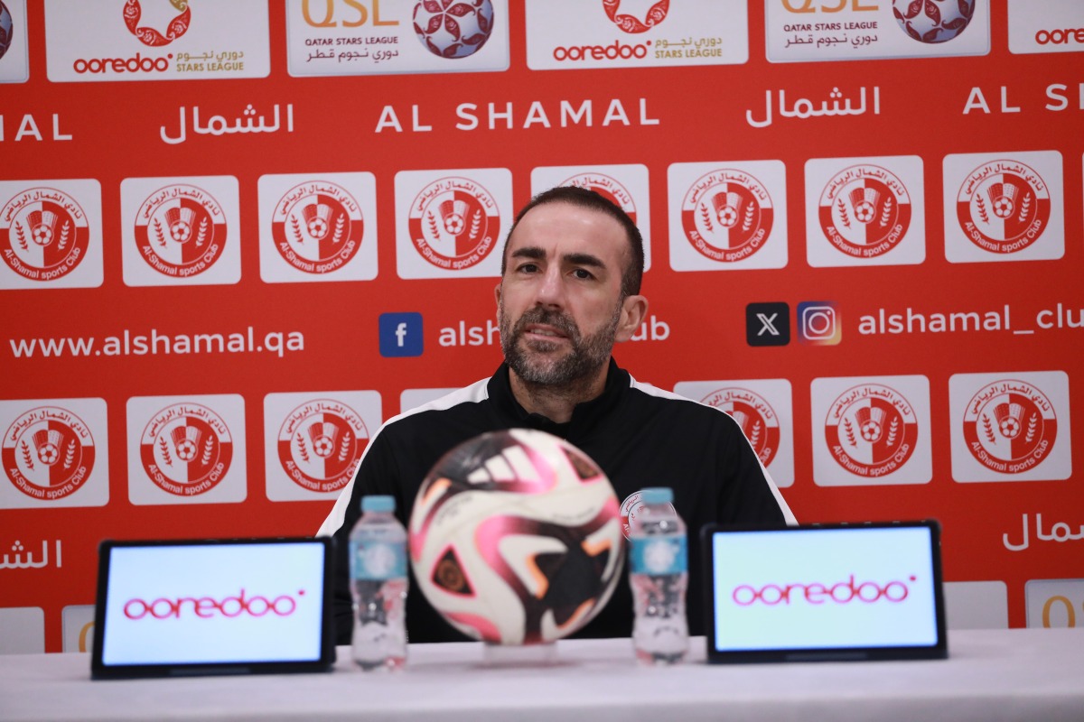 Al Shamal coach David Prats speaks during a press conference.