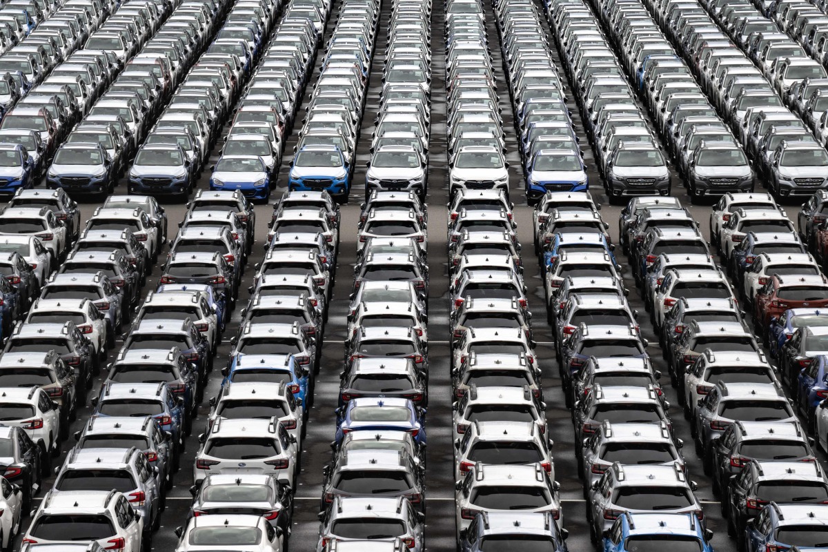 New vehicles are parked at Daikoku Pier in Yokohama on April 2, 2025. Photo by Philip FONG / AFP