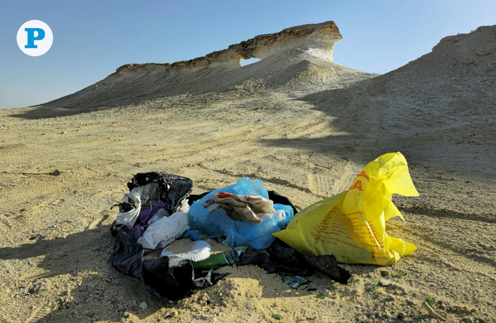File photo shows collected garbage near the rock formations at Zekreet. Visitors are reminded to dispose of their waste properly or not to leave trash behind. Photo by Marivie Alabanza / The Peninsula