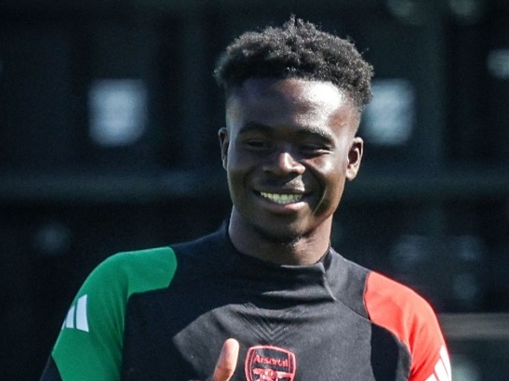 Arsenal's English midfielder #07 Bukayo Saka takes part in a training session at the Arsenal Training centre in Shenley on April 7, 2025, on the eve of their UEFA Champions League Quarter final first leg football match against Real Madrid. (Photo by Adrian Dennis / AFP)
