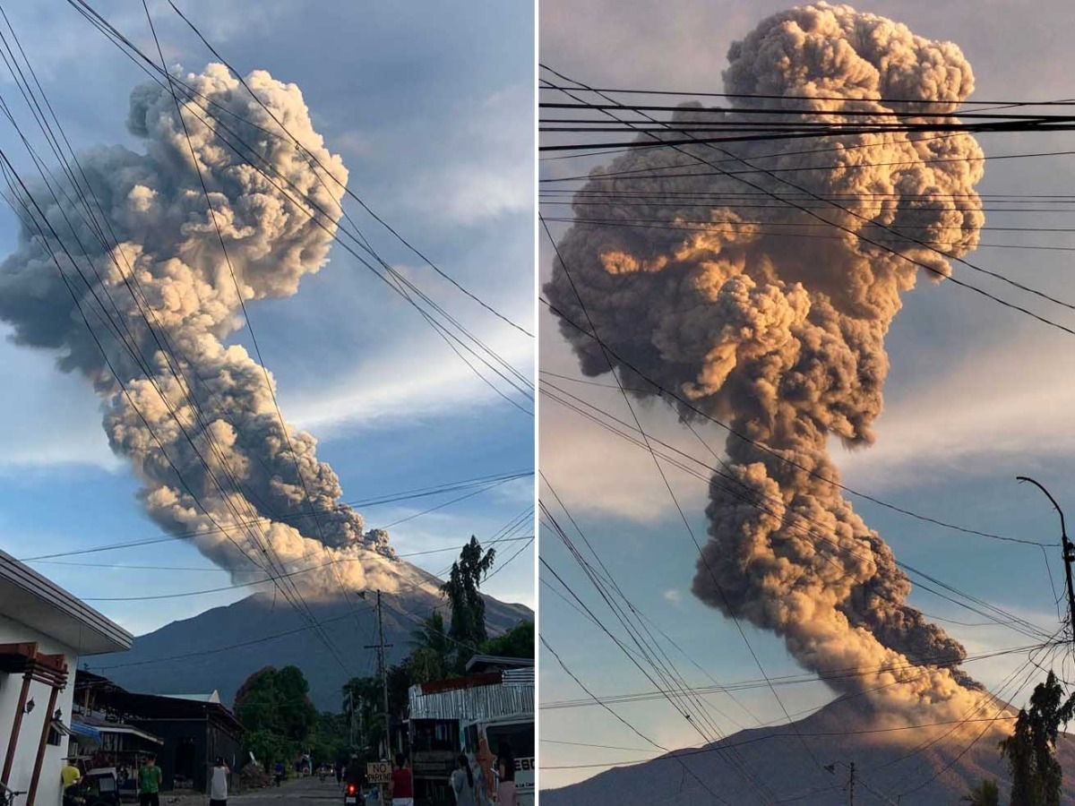 Collage of handout photos taken from the Facebook account of Channel Nicor of C.N. Photography on April 8, 2025 shows Mount Kanlaon erupting as seen from a village in La Castellana, Negros Occidental Province, central Philippines. (Photo by Handout / Channel Nicor of C.N. Photography Facebook account / AFP) 