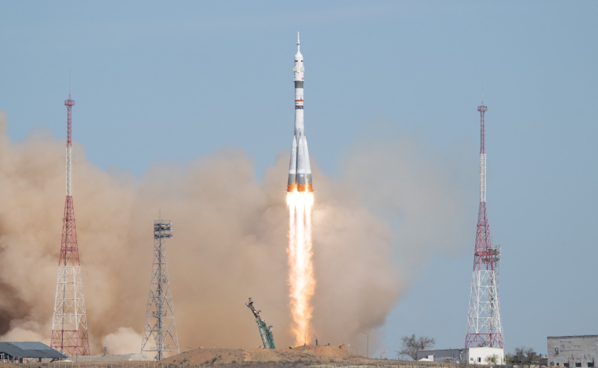This handout photograph taken and released by NASA on April 8, 2025, shows the Soyuz MS-27 space craft blasting off the launch pad to head to the International Space Station (ISS) at the Russian-leased Baikonur cosmodrome in Kazakhstan. Photo by Joel KOWSKY / NASA / AFP.