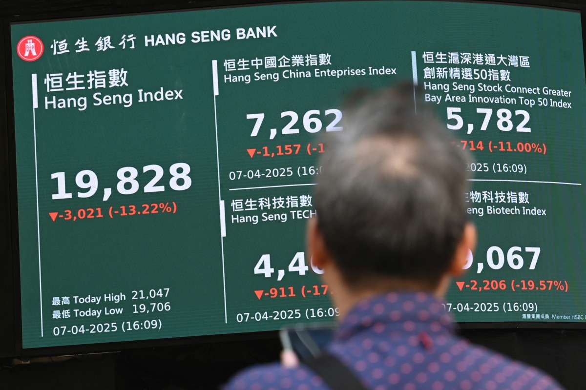 A man looks at an electronic sign board showing the closing price of the Heng Seng Index in Hong Kong on April 7, 2025. Photo by Peter PARKS / AFP.