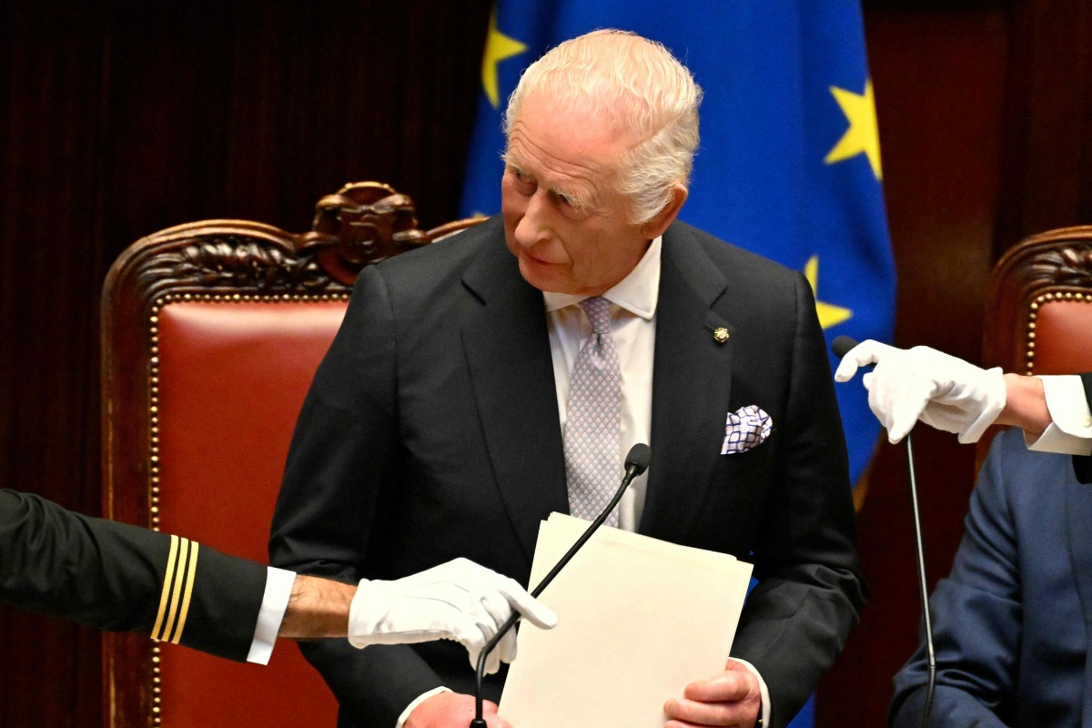 Britain's King Charles III delivers a speech at the Italian Parliament as part of a State visit in Italy on April 9, 2025. (Photo by Alberto PIZZOLI / AFP)
