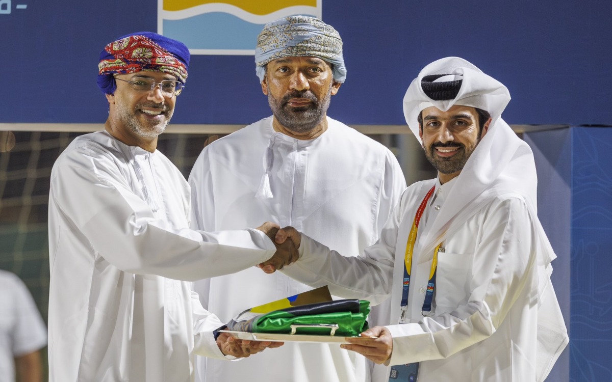 Head of the Qatar Administrative Delegation at the Gulf Beach Games Abdullah Hassan Hashem receives the flag for 2026 Gulf Games.   