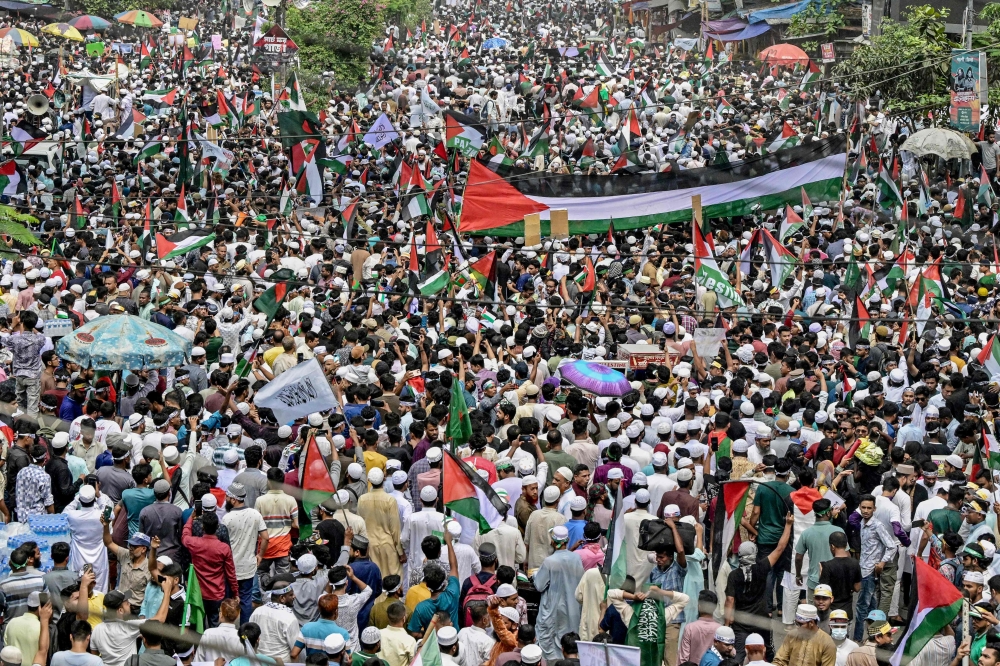 People participate in a demonstration titled 