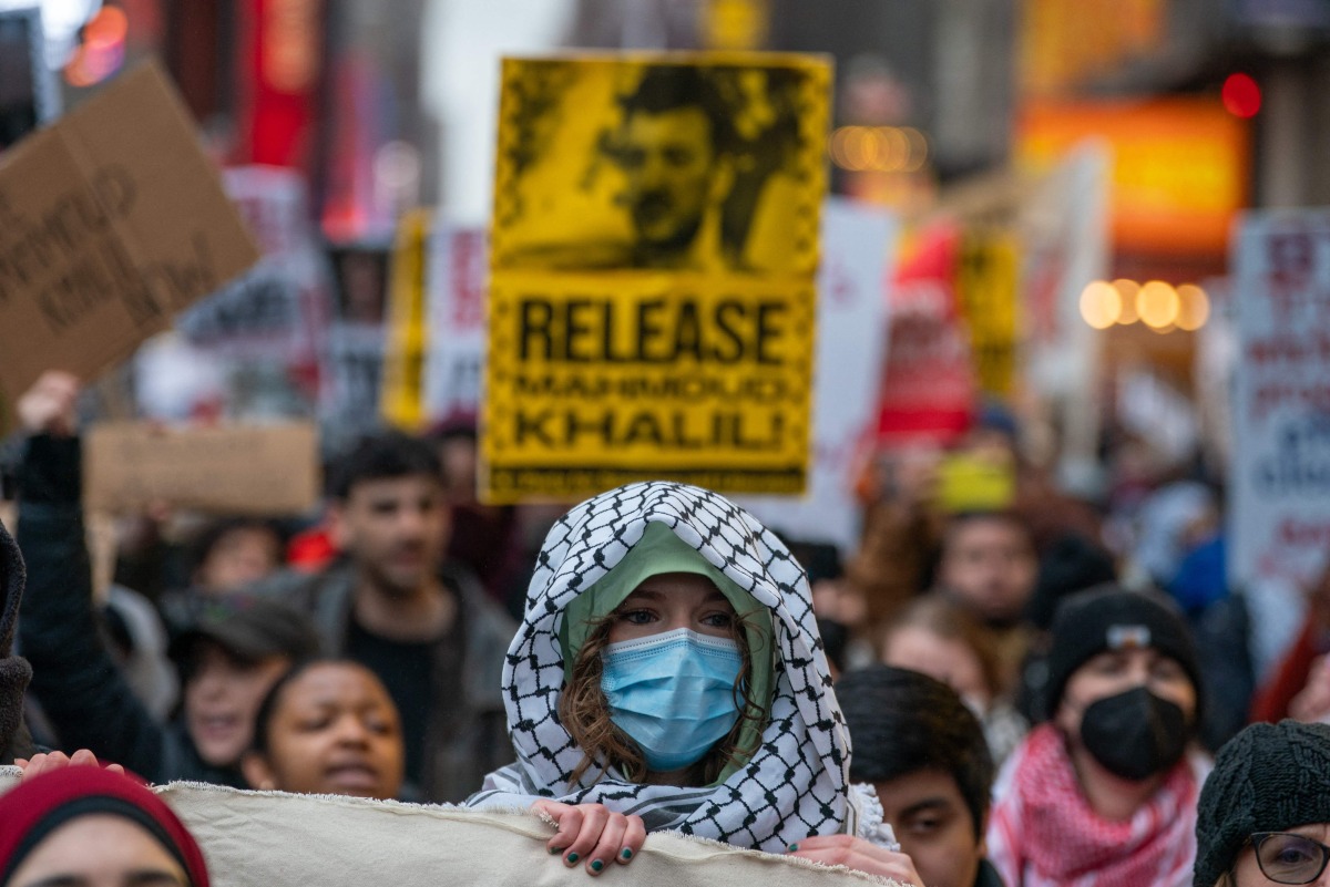 Demonstrators gather in Times Square in solidarity and to demand the release of detained Columbia University graduate student Mahmoud Khalil on April 12, 2025 in New York City. (Photo by David Dee Delgado / GETTY IMAGES NORTH AMERICA / Getty Images via AFP)
