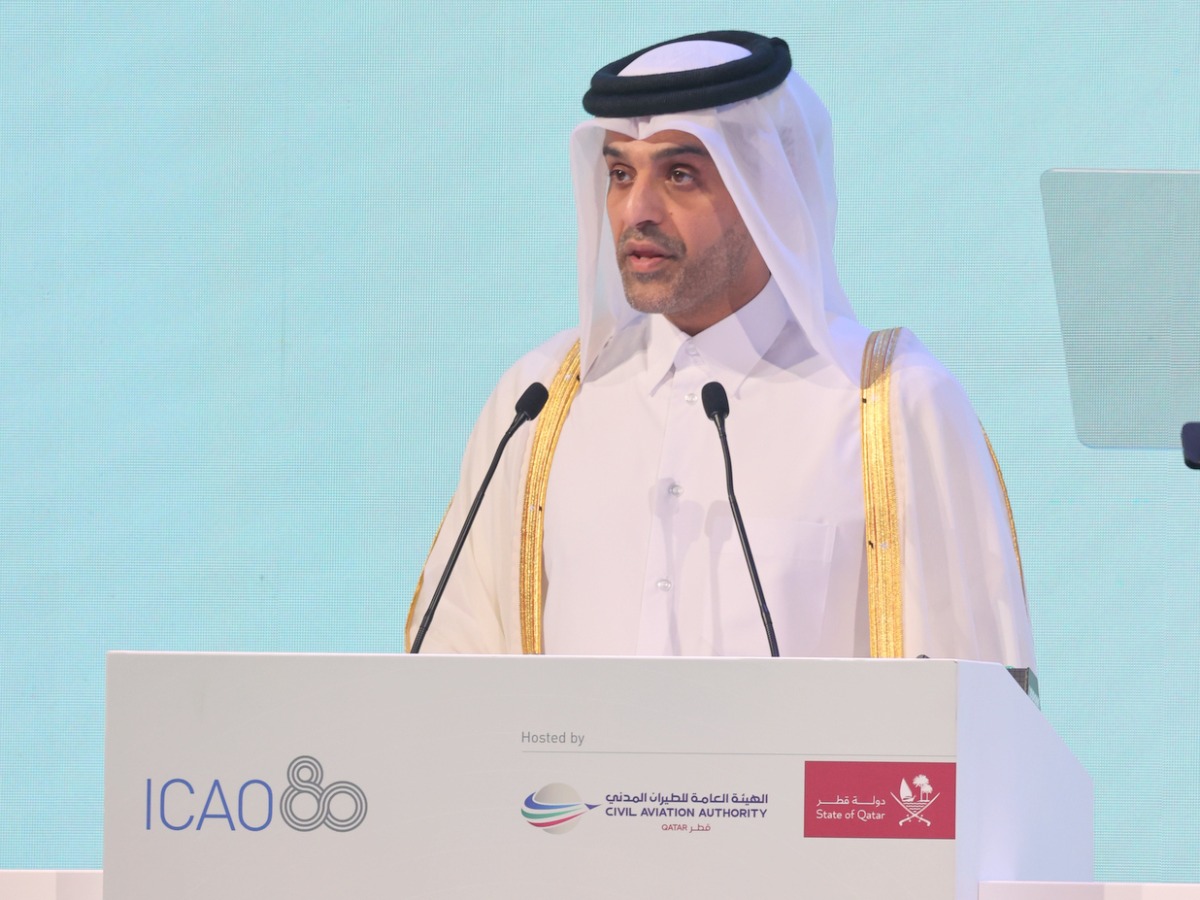 Minister of Transport H E Sheikh Mohammed bin Abdulla bin Mohammed Al Thani addressing the ICAO Facilitation Conference (FALC 2025) in Doha yesterday. 
