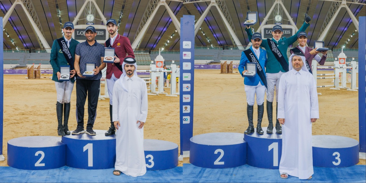 (L) Longines Hathab Media and Live Broadcast Committee Chairman Abdullah Al Qashouti crowned the podium winners of the Open Class, Khaled Al Hadi and Mohammed Khalifa Al Baker. (R)  Qatar Equestrian Federation Board of Directors Member Ahmed Jaber Al Mulla honoured the Big Tour podium winners Abdullah Alsharbatly, Faleh Suwead Al Ajami and Cyrine Cherif. 