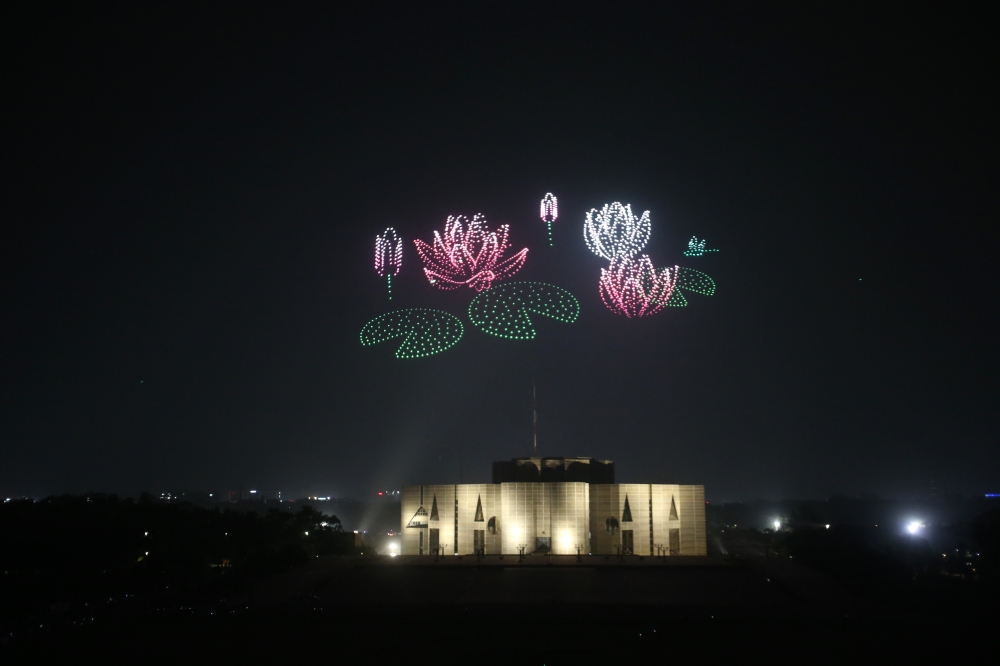 A drone show is staged in celebration of the Bengali New Year in Dhaka, Bangladesh, April 14, 2025. (Photo by Habibur Rahman/Xinhua)