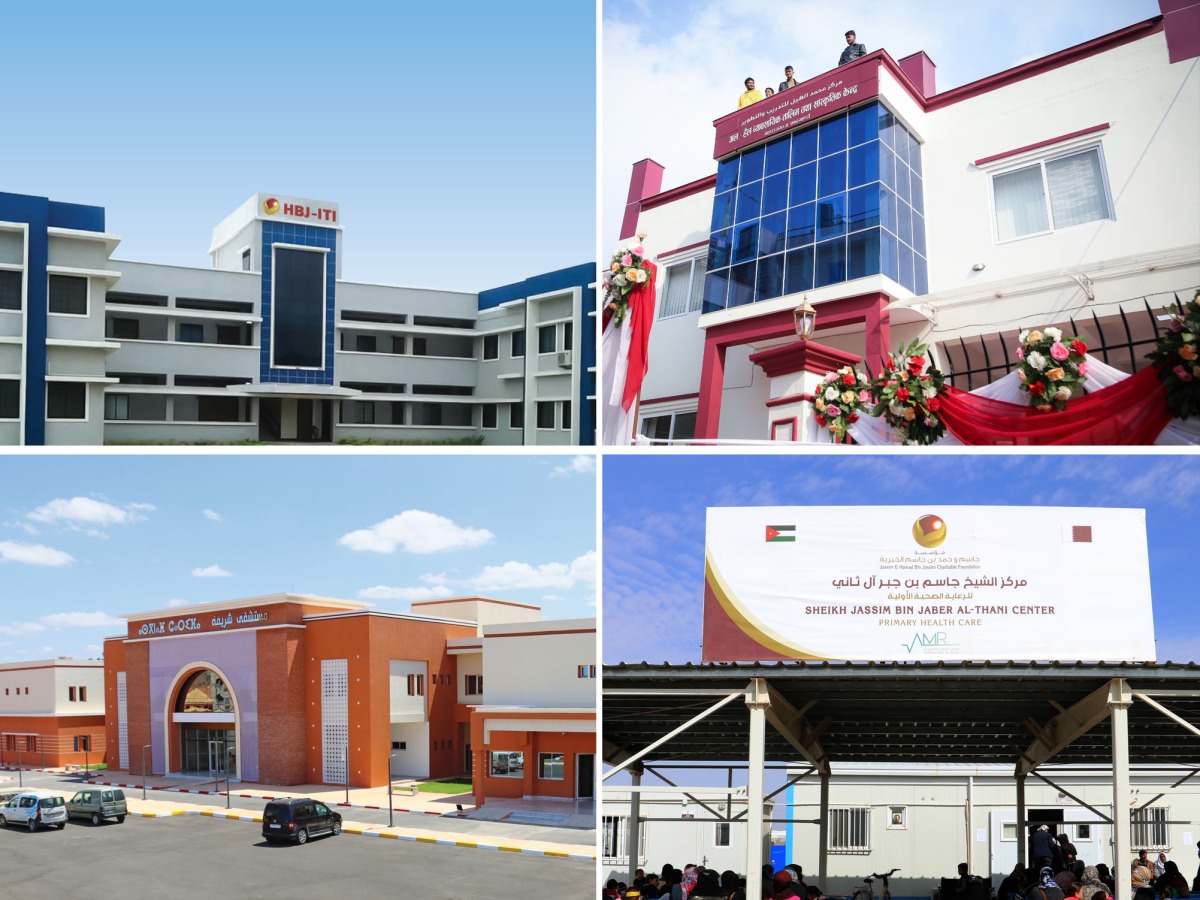 Clockwise from top left: Hamad Bin Jassim Industrial Training Center in India; Mohammed Ahmed Al-Hail Training and Rehabilitation Center in Nepal; Sheikh Jassim Bin Jabor Al Thani Primary Health Care Center in Azraq Camp in Jordan; and Sharifa Hospital in the Kingdom of Morocco.