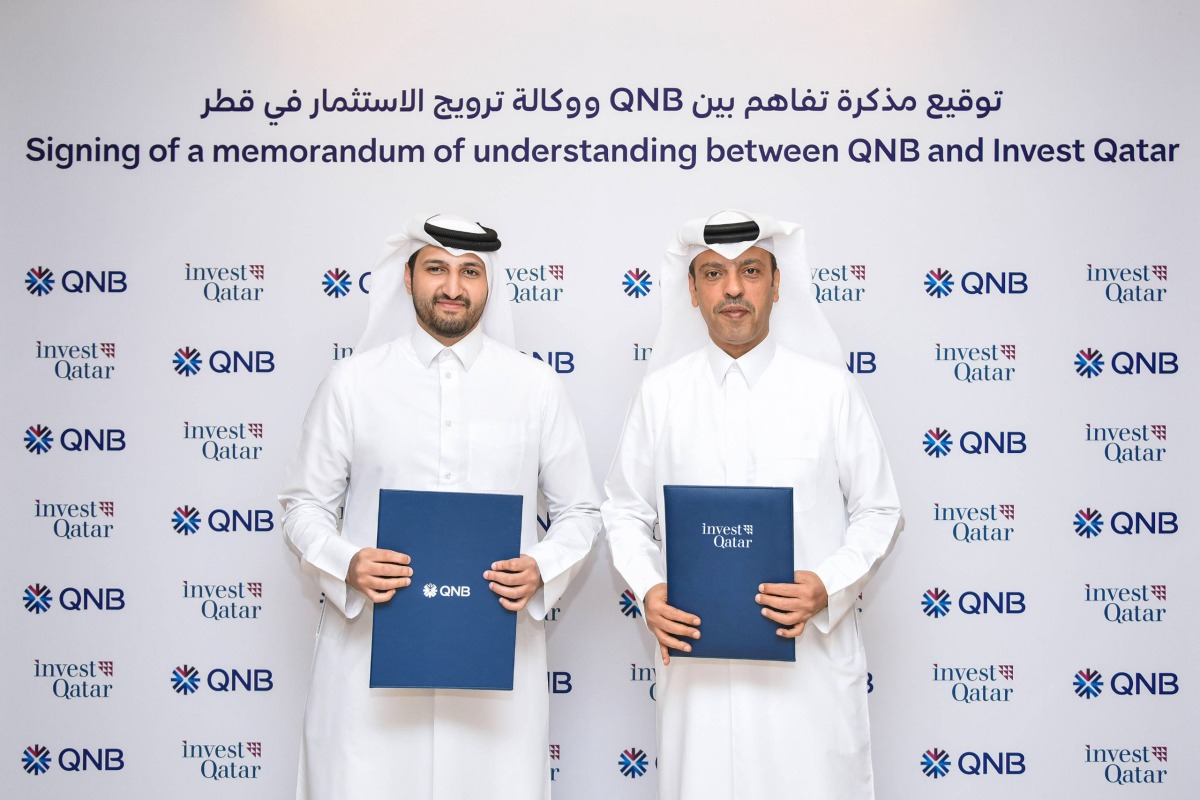 Invest Qatar CEO Sheikh Ali Alwaleed Al-Thani and QNB Group  CEO Abdulla Mubarak Al Khalifa during the agreement signing.