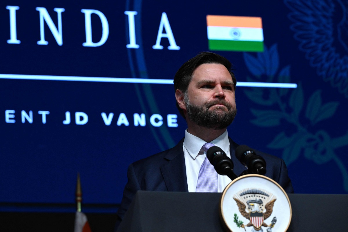 US Vice President JD Vance addresses the gathering at the Rajasthan International Centre in Jaipur on April 22, 2025. Photo by Kenny Holston / POOL / AFP