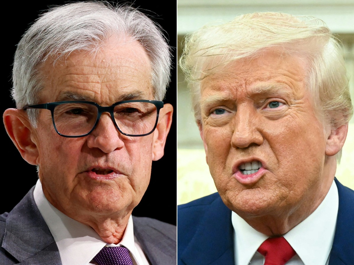 (COMBO) This combination of pictures created on April 21, 2025 shows, L-R, US Federal Reserve Chair Jerome Powell at the Economic Club of Chicago on April 16, 2025, in Chicago, Illinois and US President Donald Trump in the Oval Office of the White House in Washington, DC, on April 7, 2025. (Photo by KAMIL KRZACZYNSKI and SAUL LOEB / AFP)
