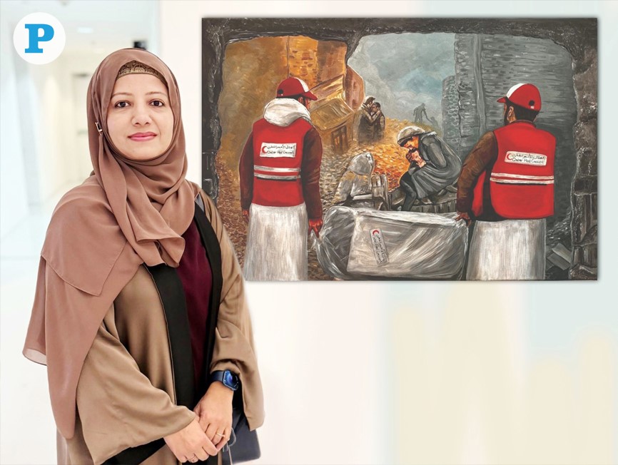 Muznah Hasnat and her painting that won first place during the 2024 Fire Station-Qatar Red Crescent Society 'Humanity First' competition

