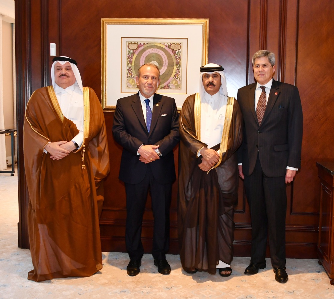 Minister of Foreign Affairs of Peru, H E Elmer Schiater Salcedo; and QC Second Vice-Chairman Rashid bin Hamad Al Athba, along with other officials during the meeting.