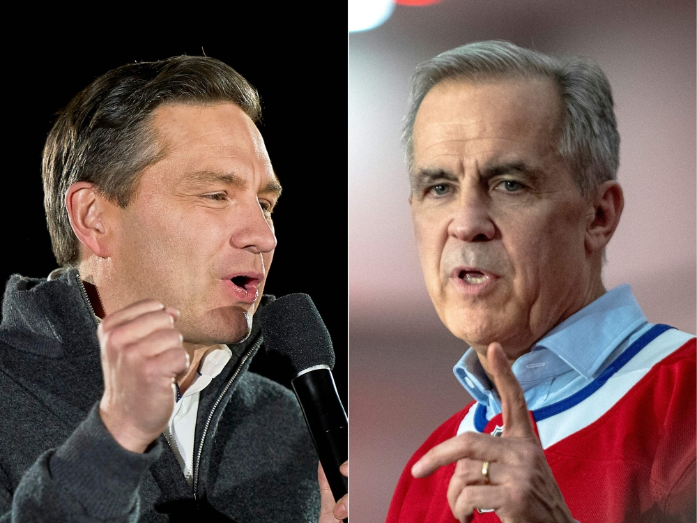 (Combo) This combination of pictures created on April 28, 2025 shows Canadian Conservative leader Pierre Poilievre (L) speaking during a campaign stop on the eve of the Canadian federal election near Ottawa, Ontario, on April 27, 2025 and Canadian Prime Minister and Liberal leader Mark Carney, wearing a personalized Montreal Canadiens hockey team jersey, speaking during a campaign rally in Laval, Quebec, Canada, on April 22, 2025. (Photo by Geoff Robins and Andrej Ivanov / AFP)
