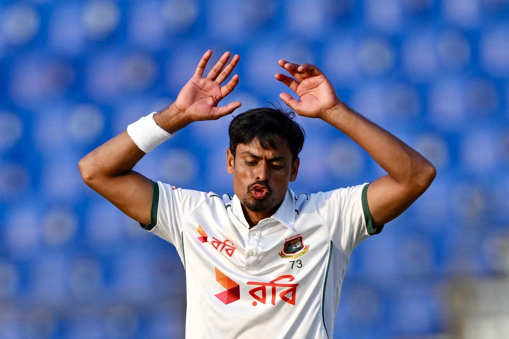 Bangladesh's Taijul Islam reacts during the first day of the second Test cricket match between Bangladesh and Zimbabwe at the Zahur Ahmed Chowdhury Stadium in Chittagong on April 28, 2025. (Photo by MUNIR UZ ZAMAN / AFP)