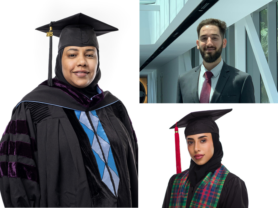 Clockwise from left: Asmaa Salah, Kareem Khazaal and Alya Majid Sultan Al Issa