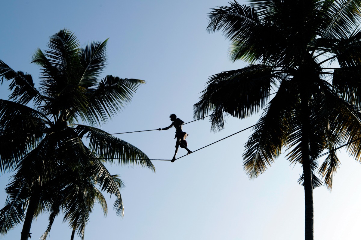 A worker walks on a rope between two coconut trees to collect tree sap in Negombo, about 30 kilometers north of Colombo, Sri Lanka, April 26, 2025. (Photo by Ajith Perera/Xinhua)