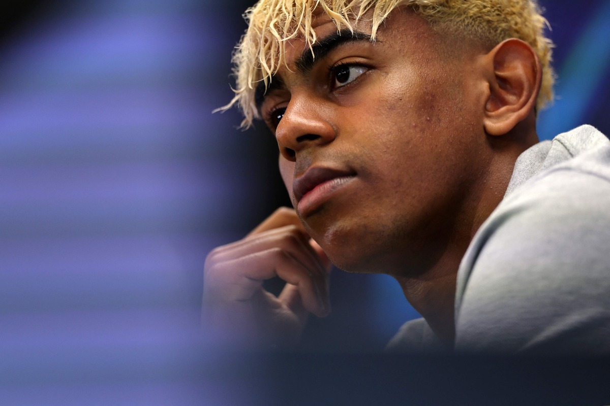 Barcelona's Spanish forward Lamine Yamal addresses a press conference on the eve of the UEFA Champions League semi-final first leg football match between FC Barcelona and Inter Milan at the Joan Gamper training ground in Sant Joan Despi, near Barcelona, on April 29, 2025. (Photo by LLUIS GENE / AFP)
