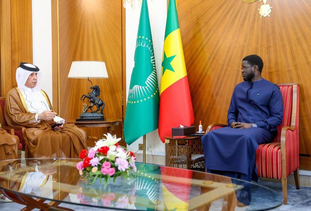 President of Senegal H E Bassirou Diomaye Faye during a meeting with  Minister of State for Foreign Affairs H E Sultan bin Saad Al Muraikhi in Dakar. 
