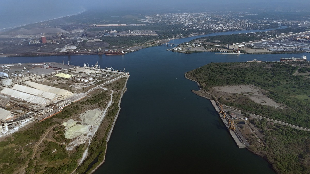 Aereal view of the Lazaro Cardenas Cargo Port, Michoacan State, Mexico, taken on April 25, 2025. (Photo by Zina DESMAZES / AFP)