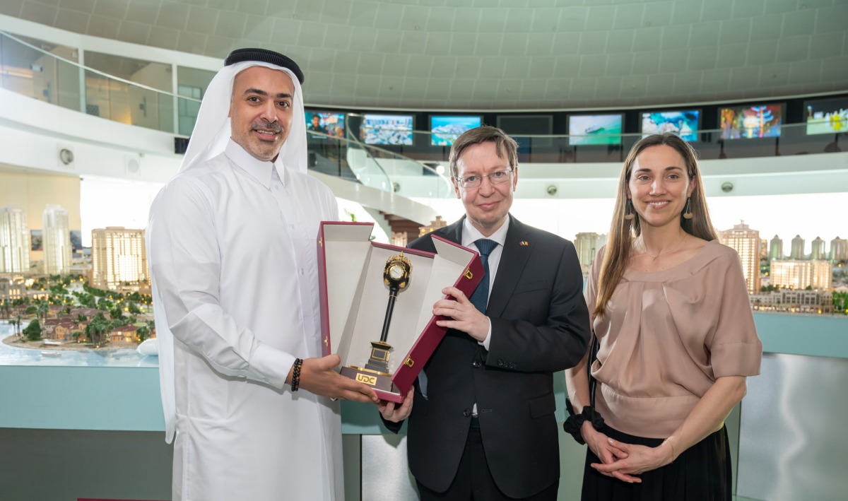 Ambassador of Belgium to Qatar, H E William Asselborn; CEO of hub.brussels, Isabelle Grippa; with Chief Executive Officer of UDC, Yasser Al-Jaidah at the company's commercial headquarters.
