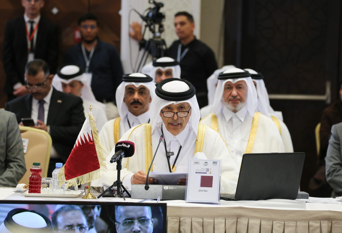 Speaker of the Shura Council H E Hassan bin Abdullah Al Ghanim addressing the opening ceremony of the 38th Conference of the Arab Inter-Parliamentary Union (AIPU), held in Algiers under the theme ‘The Role of the Arab Inter-Parliamentary Union Amid Regional and International Changes’, yesterday.