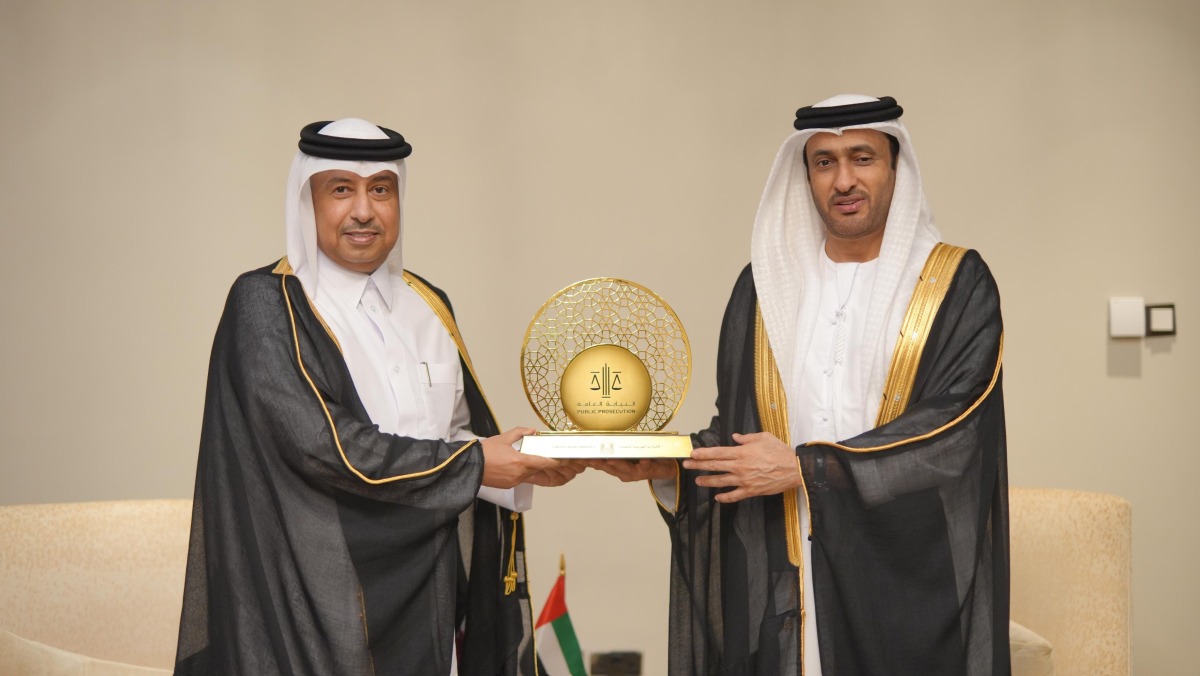 Attorney General of Qatar H E Dr. Issa bin Saad Al Jafali Al Nuaimi with Attorney General of the United Arab Emirates H E Dr. Hamad Saif Al Shamsi during the meeting.