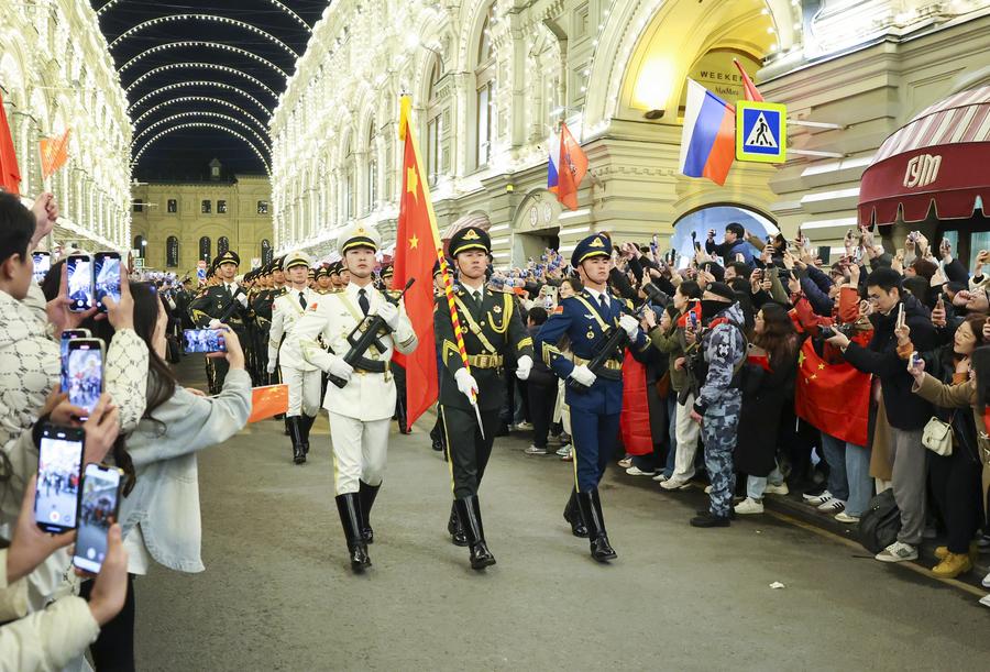The Guard of Honor of the Chinese People's Liberation Army (PLA) participate in a rehearsal for the Victory Day military parade, which marks the 80th anniversary of the Victory in the Great Patriotic War, in Moscow, Russia, May 3, 2025. (Xinhua/Yao Dawei)
