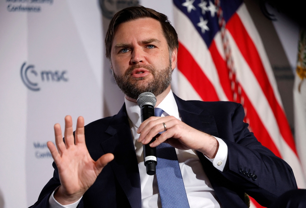 US Vice President JD Vance delivers remarks to the Munich Leaders Meeting, hosted by the Munich Security Conference, at the Willard Hotel in Washington on May 07, 2025. (Photo by Kevin Dietsch/Getty Images via AFP)