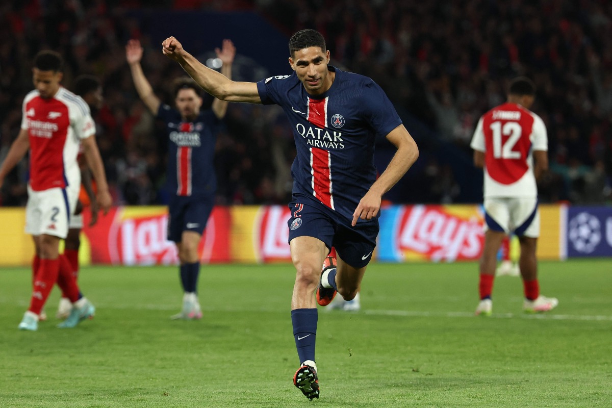 Achraf Hakimi celebrates after scoring PSG's second goal yesterday. 
