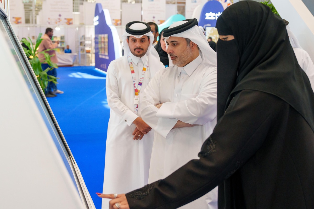 Minister of Environment and Climate Change H E Dr. Abdullah bin Abdulaziz bin Turki Al Subaie visiting the MECC pavilion at Doha International Book Fair yesterday.